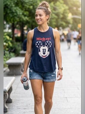 Disney Mickey USA Navy Blue Graphic Racerback Tank Top XS‎ JT22356